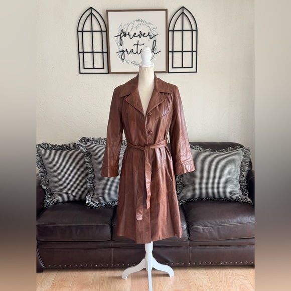 Vintage Rare 24K By Dan Di Modes Brown Leather Belted Trench Coat Fall - Picture 3 of 16